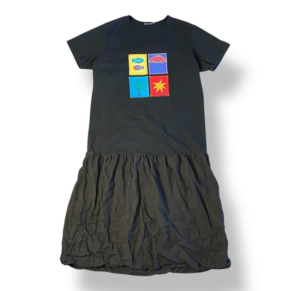 Johnny‎ Was Vintage 90s Black Cotton Linen Fish Beach T-Shirt Dress Size L Boho